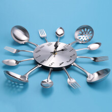 Metall KüChen Besteck Wand Uhr 14 Zoll mit Gabel LöFfel 3D Nicht Ticken Quarz Uhr Uhr für Schlaf Zimmer Haus Dekor, Silber