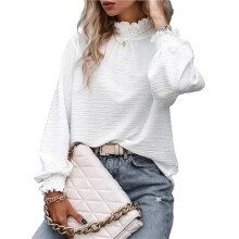 Women'S Elegant Long Lantern Sleeve Shirts High Neck Ruffle Blouse Pullover White S
