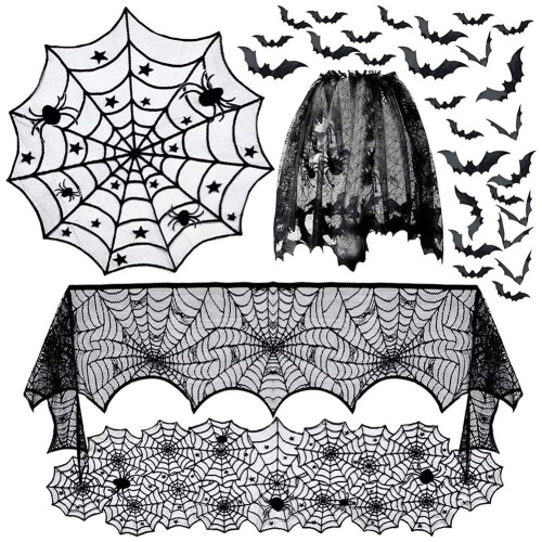 Halloween Spider Web Fireplace Cover Black Lace Set Disposable Decoration Pull the Flag B 1