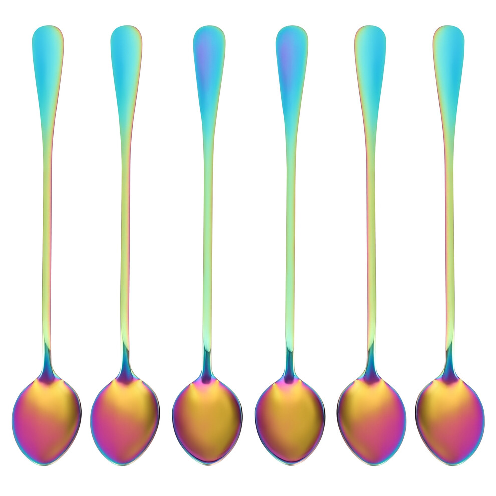 Semoic Coffee Teaspoons, Set Of 6 Rainbow Color Coffee Spoon Long-Handle Ice Cream Desert Spoon Cocktail Stir Spoons Mixing Spoon, Pointed