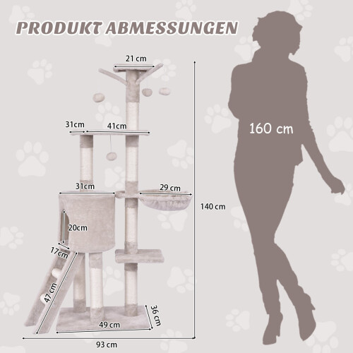 Árvore para gatos de 140 cm com plataformas, postes de sisal, bege 1