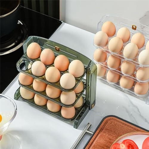 Flippable Egg Holder for Refrigerator,3 Layer Egg Storage Container for Fridge Side Door,Foldable Egg Tray 2