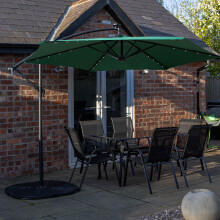 Outdoor 6 Person Rectangular Glass Top Garden Dining Table Chairs With Green Banana Lit Parasol and Base