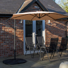 Outdoor 4 Person Rectangular Glass Top Garden Dining Table Chairs With Beige Banana Lit Parasol and Base