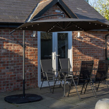 Outdoor 4 Person Rectangular Glass Top Garden Dining Table Chairs With Black Banana Lit Parasol and Base Set