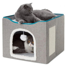 Large Cat Bed with Hanging and Scratch Pad Double Layered Foldable Cat Beds for Indoor Cats Sleeping All Seasons,B