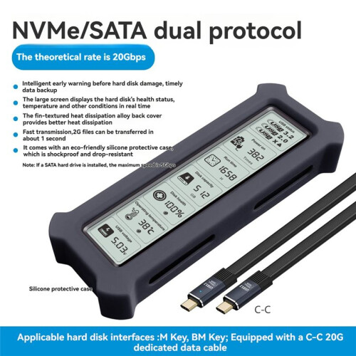 M.2 NVMe  SSD Enclosure with Display Screen SSD Case USB 3.2 Gen 2 20Gbps NVMe PCI-E  NGFF SSD Disk Box A 1