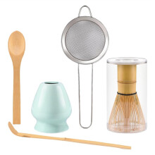 Matcha Tea Set 5 Pcs Matcha Kit with Bamboo Whisk, Ceramic Holder, Bamboo Scoop, Wooden Spoon , Sifter