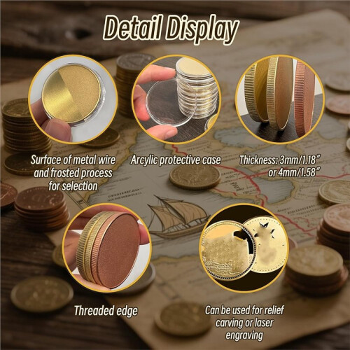 10 Pcs Brass Coins Blanks for Custom Challenge Coins, 40mm with Threaded , Acrylic Protection for Engraving 2