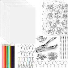 1 Set ShrinkyDink Nyckelringssats, Krympplastark med Färgpennor, för Barnpyssel, Smyckestillverkning, DIY B