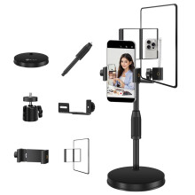 Suporte de Mesa para Celular com Altura Ajustável, Formato Redondo, com Espelho e Câmera Traseira para Selfies.