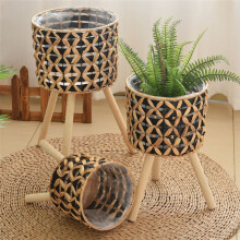Hand-Woven Flower Stand Wooden Rattan Floor-Standing Balcony Plant Pot Living Room Green Plant Basket 25CM