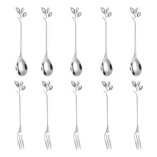 5Spoon+5Forks Stainless Steel Leaf Coffee Cake Spoon Fork Dessert Spoons, Stirring Teaspoon Set Silver