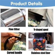 Vintage Floral Pattern Tea Built-in Infuser Stainless Steel Thermal Carafe with Lid for Hot Drinks Green