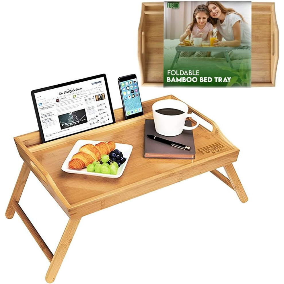 Fusion Food Bed Tray Table with Folding Legs – Made from Organic Bamboo & MDF | Secure Surface with Built-in Side Handles | Lap Tray Ideal for Eating, Reading & Working on Beds & Sofas - Image 3