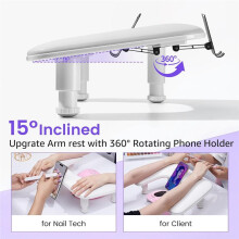 Arm Rest for Nails Tech,Manicure Nail Arm Rest with Rotating Phone Stand, U Shaped Height Adjustable White