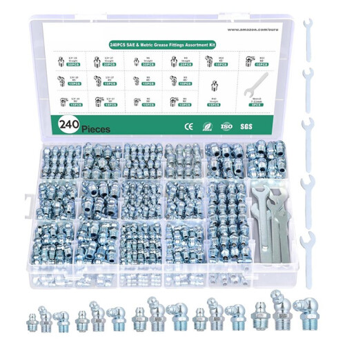 240PCS Grease Fittings Assortment,SAE & Metric Zerk Grease Fittings Straight 45 90 Degree with Wrench Kit(7-11mm)