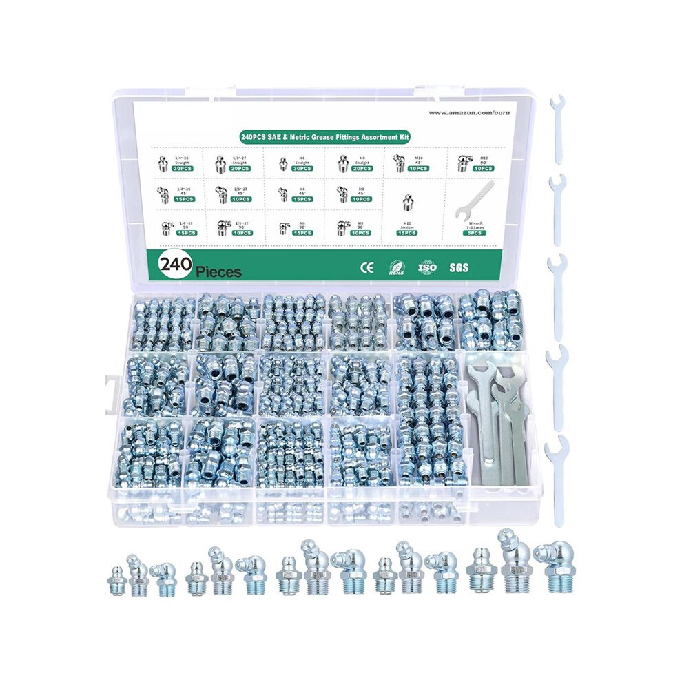 240Pcs Grease Fittings Assortment,Sae & Metric Zerk Grease Fittings Straight 45 90 Degree With Wrench Kit(7-11Mm) 6032135989435