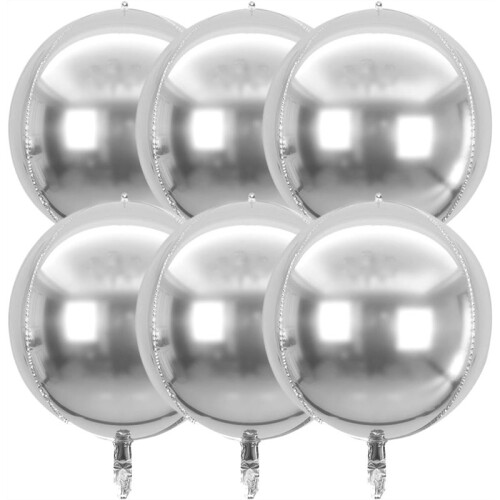 Conjunto de 6 Balões Metalizados Gigantes de 22 Polegadas, Redondos e 4D, Prateados. Ideal para Aniversários e Casamentos.