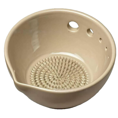 Handmade 2-in-1 Stoneware Herb Stripper and Grater Bowl, Multi-Functional Kitchen Tool with 5 Hole Sizes