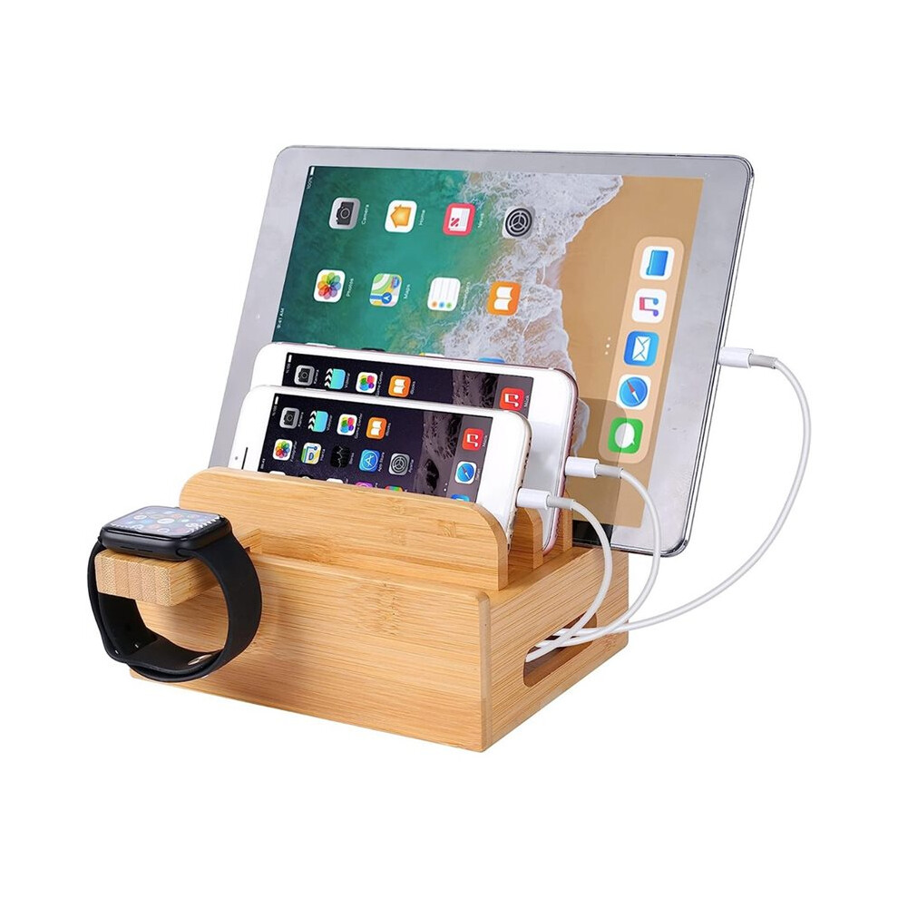 Bamboo Wood Charging Station Phone Earbuds Stand, Desk Docking Stations Electronic Organizer For Cell Phone, Tablet 4712443548433