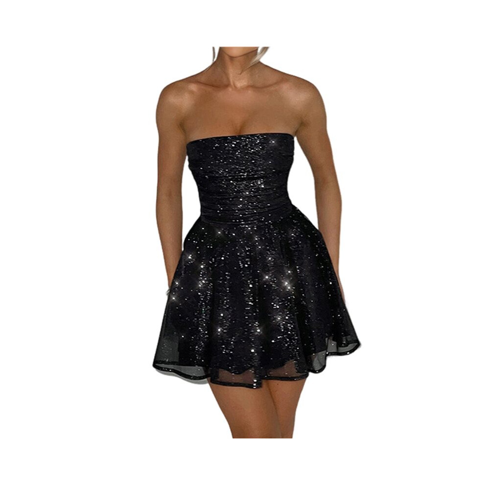 Abiti Da Ballo Corti In Tulle Glitterato, Senza Spalline, Da Cocktail Party, Con Fiocco Sul Retro Nero S-image