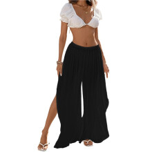 Womens Wide Leg Split Skirt Pants Boho Loose Palazzo with Elastic Waist Vacation Pants Black M