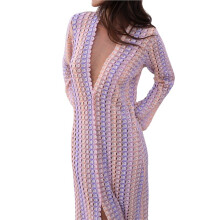 Womens Crochet Bell Long Sleeve V Neck Loose Maxi Dress Boho Eyelet Long Sundresses with Slit M