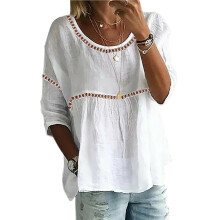 Womens Solid Color Round Neck Lace Hollow Out Casual Blouse Layering Shirt Feminine Top White XXL