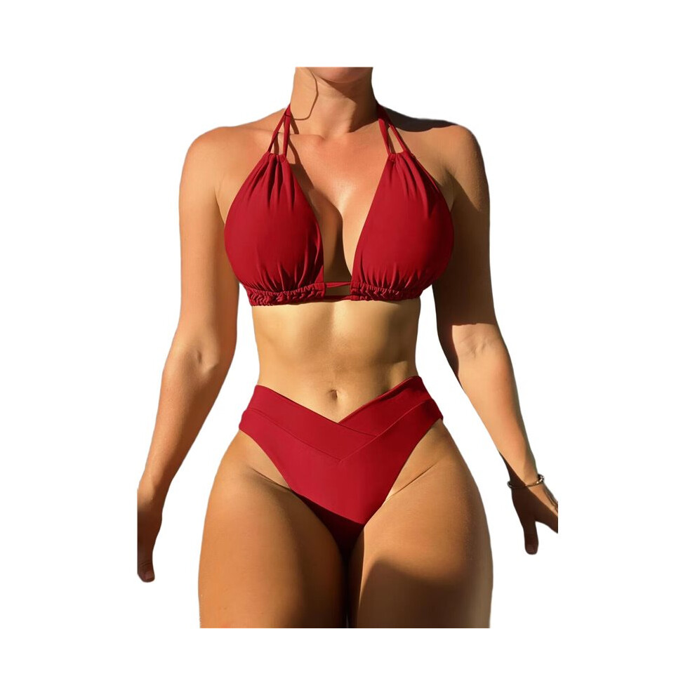 Costumi Da Bagno Da Donna Due Pezzi, Bikini Push-, Costume Da Bagno Con Scollo All'americana, Costumi Da Bagno Vintage Rosso M
