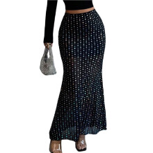 Damen Midirock mit Zartem Blumenmuster im Boho-Stil Aus Mesh, Elastisch, Hoch Tailliert, Fließend Schwarz XL