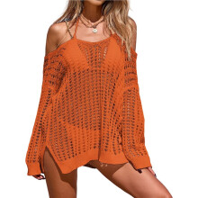Crochet Cover Ups for Women Hollow Out One-Piece Swim Cover Knit Summer Outfits Orange One Size