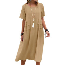 Lös Passform, Linneblandning, Enfärgad, Rund Hals, Kortärmad Midiklänning för Strand Beige 4XL