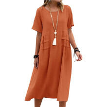Womens Loose Fit Casual Linen Blend Solid Color Round Neck Short Sleeve Midi Dress Beach Orange L
