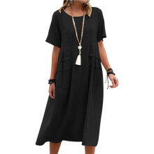 Womens Loose Fit Casual Linen Blend Solid Color Round Neck Short Sleeve Midi Dress Beach Black L
