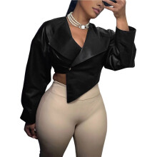 Kurze Lederjacke für Damen, Kunstleder, Unregelmäßiger Saum, Reverskragen, Lange Ärmel, Burgunderrot Schwarz L