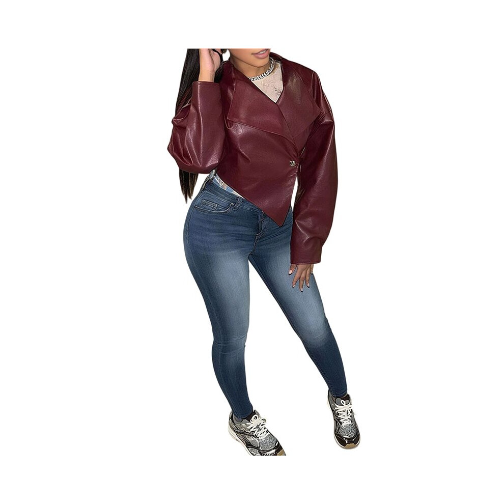 Giacca In Pelle Corta Da Donna In Similpelle Con Orlo Irregolare E Risvolto, Manica Lunga, Bordeaux Vino Rosso S-image