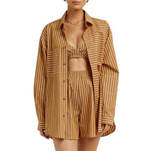 Dames 3-Delige Outfitset: Tanktop met Spaghettibandjes, Blouse met Lange Mouwen, Casual Short met Hoge Taille Gele Strepen M
