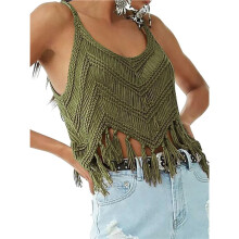 Women'S Fringe Camis Western Cowgirl Tassel Tank Tops Sleeveless V-Neck Crochet Top Spaghetti Straps Vest Green XL