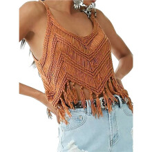 Top da Donna con Frange, Stile Western da Cowgirl, Senza Maniche, Scollo A V, All'Uncinetto, Spalline Sottili, Gilet Colore Ambrato XL