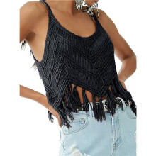 Women'S Fringe Camis Western Cowgirl Tassel Tank Tops Sleeveless V-Neck Crochet Top Spaghetti Straps Vest Black XL