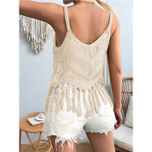 Top da Donna con Frange, Stile Western da Cowgirl, Senza Maniche, Scollo A V, All'Uncinetto, Spalline Sottili, Gilet Albicocca XL