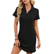 Women'S Solid Color Collared Loose Short-Sleeve T-Shirt Dress Black S