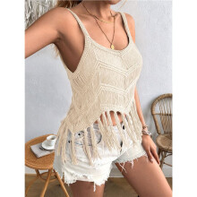 Top da Donna con Frange, Stile Western da Cowgirl, Senza Maniche, Scollo A V, All'Uncinetto, Spalline Sottili, Gilet Albicocca S