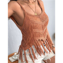 Women'S Fringe Camis Western Cowgirl Tassel Tank Tops Sleeveless V-Neck Crochet Top Spaghetti Straps Vest Amber Color L