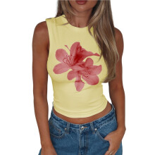 Women Y2K Floral Tank Top Slim Fit Sleeveless Flower Print Crop Top Crew Neck Going Out Vest Yellow XL