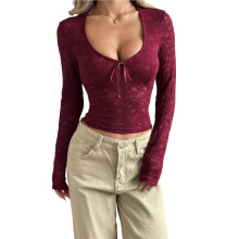 Womens Long Sleeve Going Out Tops Lace V Neck Mesh Crop Shirts Cute Y2K Fall Trendy Outfits Wine Red XL