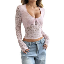 Womens Long Sleeve Going Out Tops Lace V Neck Mesh Crop Shirts Cute Y2K Fall Trendy Outfits S