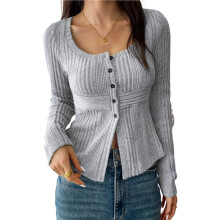Womens Long Sleeve Tops Fall Light-Weight Cardigan Going Out Shirts Ribbed Button Down Cute Gray XL