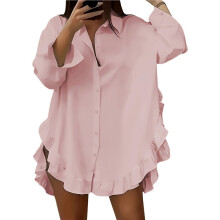 Women'S Irregular Ruffle Trim Split Curved Hem Blouse Loose Lapel Collar Button Down Long Sleeve Shirt XXL